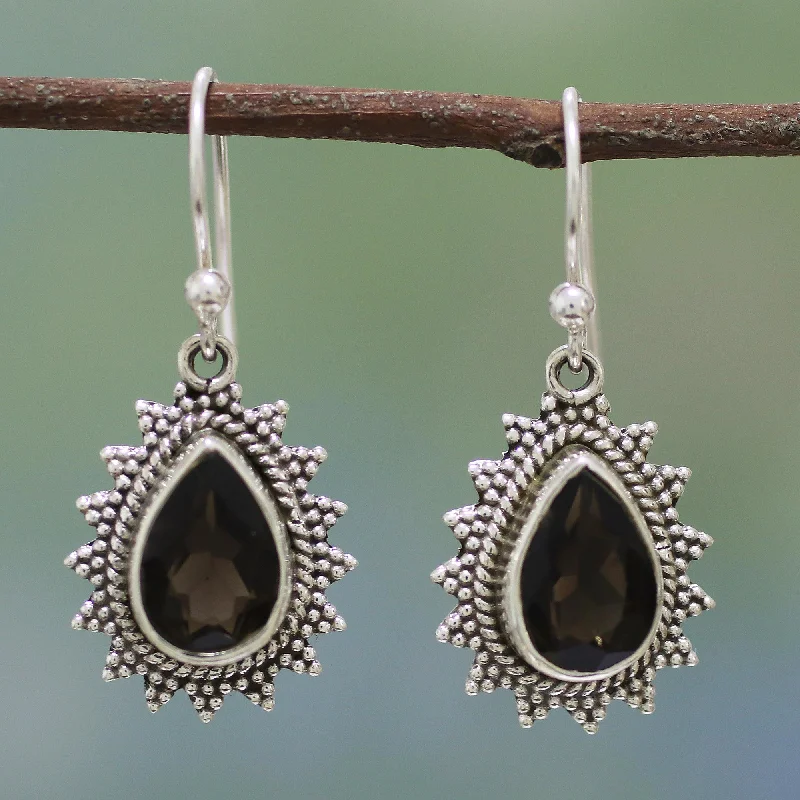 Smoky Drop Handmade Smoky Quartz and Silver Earrings from India