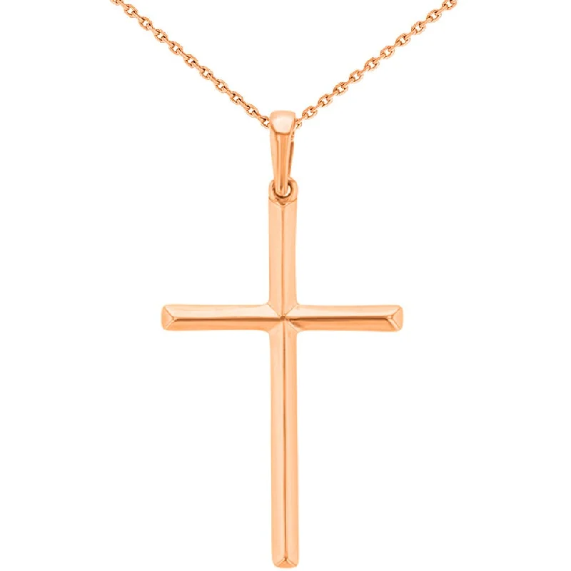 Solid 14K Rose Gold Slender Plain Cross Charm Pendant Necklace with High Polish