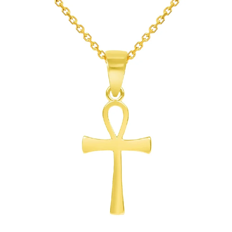 Solid 14k Yellow Gold Dainty Mini Classic Egyptian Ankh Cross Pendant Necklace