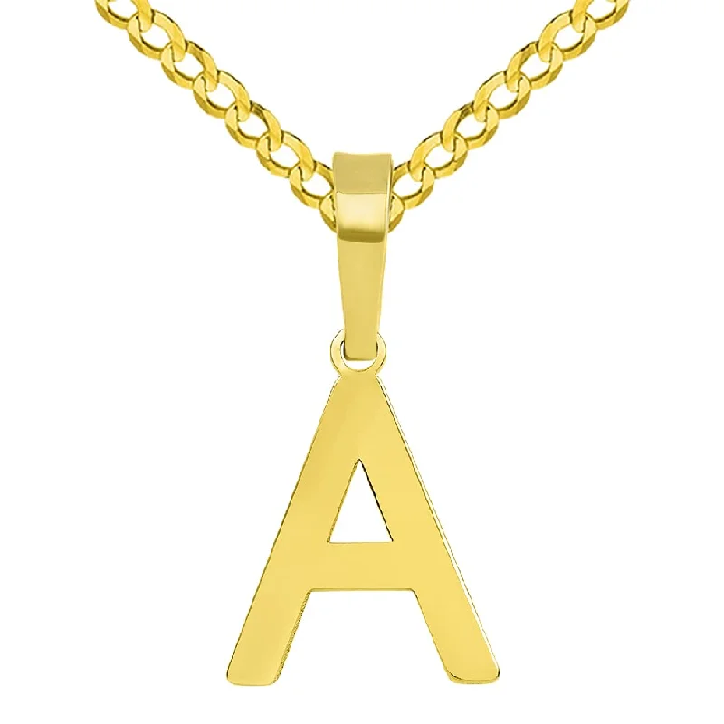 Solid 14k Yellow Gold Dainty Mini Uppercase Initial Charm Block Letter Pendant Necklace with Curb Cuban Chain