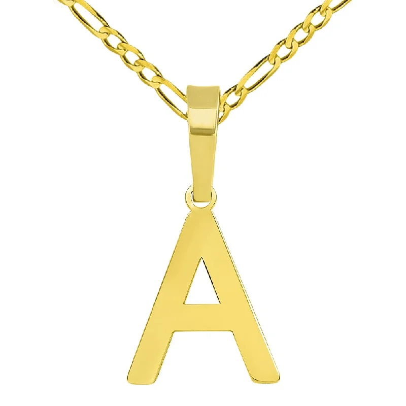 Solid 14k Yellow Gold Dainty Mini Uppercase Initial Charm Block Letter Pendant Necklace with Figaro Link Chain