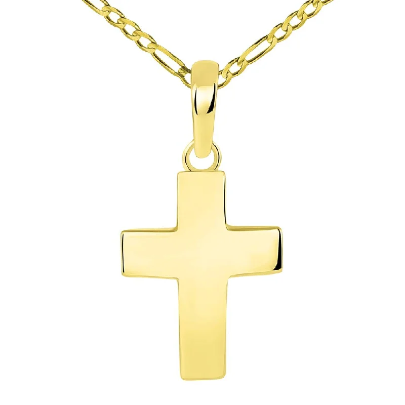 Solid 14k Yellow Gold Plain Mini Cross Charm Pendant with Figaro Necklace