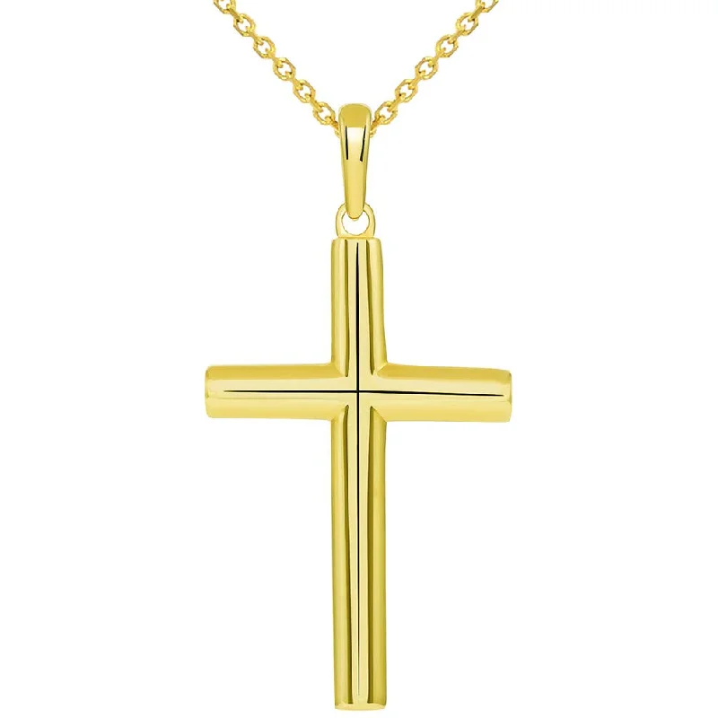 Solid 14k Yellow Gold Rounded Edge Simple Christian Cross Pendant Necklace