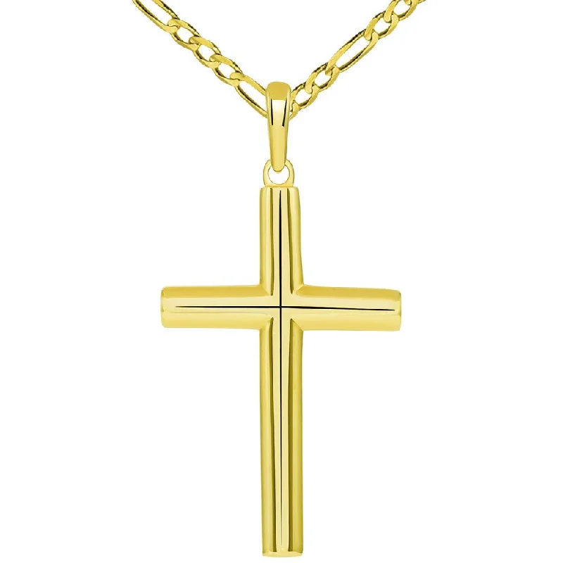 Solid 14k Yellow Gold Rounded Edge Simple Christian Cross Pendant with Figaro Necklace