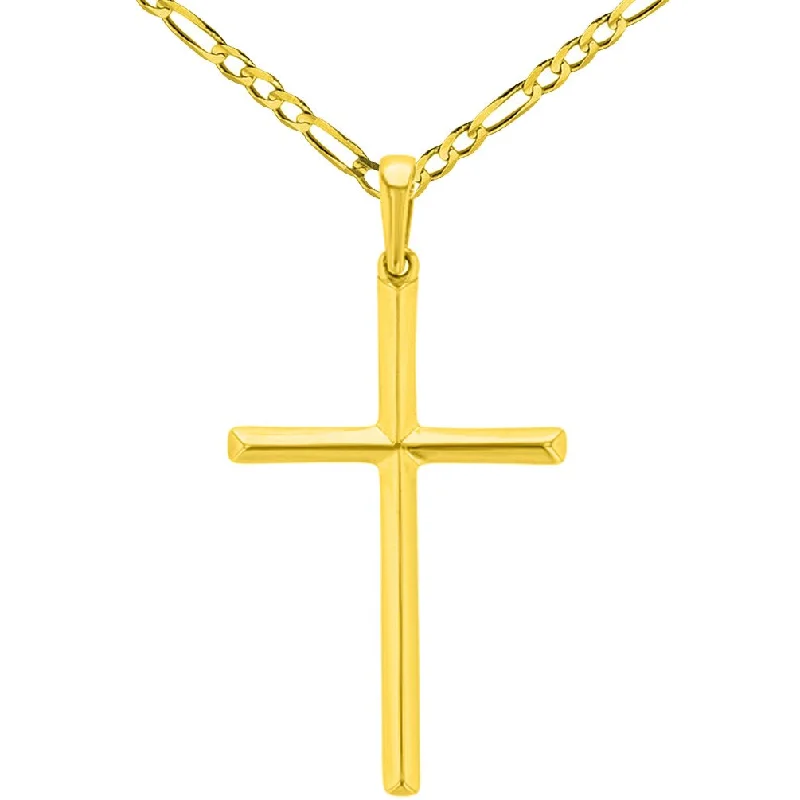 Solid 14K Yellow Gold Slender Plain Cross Charm Pendant Necklace Figaro Chain Necklace with High Polish