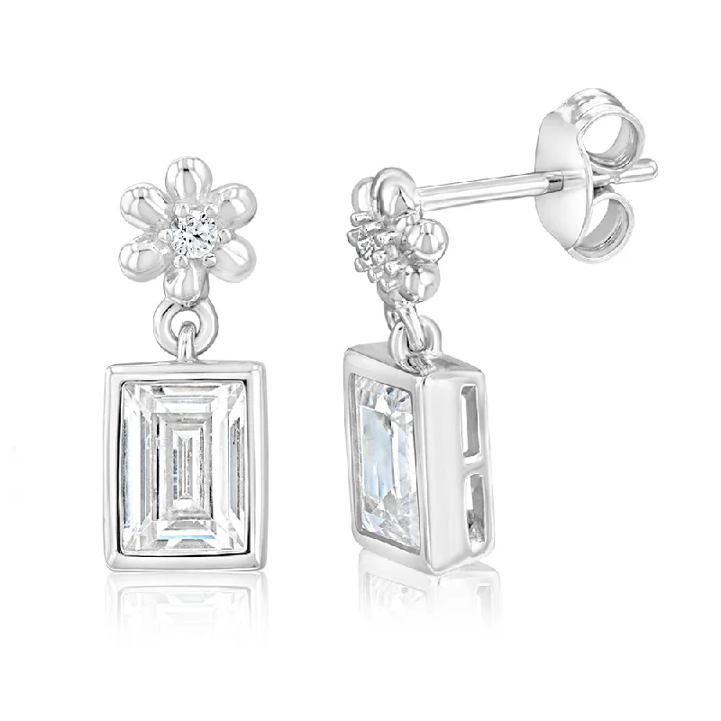 Sterling Silver Baguette Cut Cubic Zirconia Drop Earrings