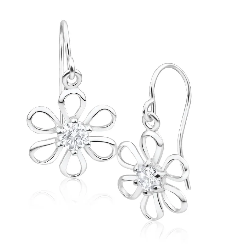 Sterling Silver Cubic Zirconia Cut-out Flower Drop Earrings