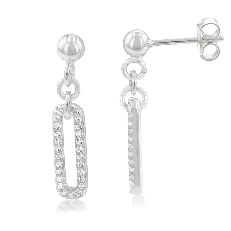 Sterling Silver Cubic Zirconia On Open Rectangle Drop Earrings