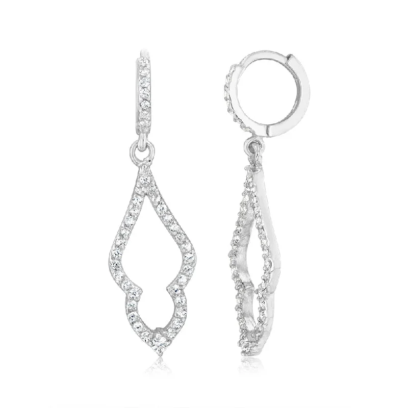 Sterling Silver Fancy Leaf Cubic Zirconia Hoop Drop Earrings