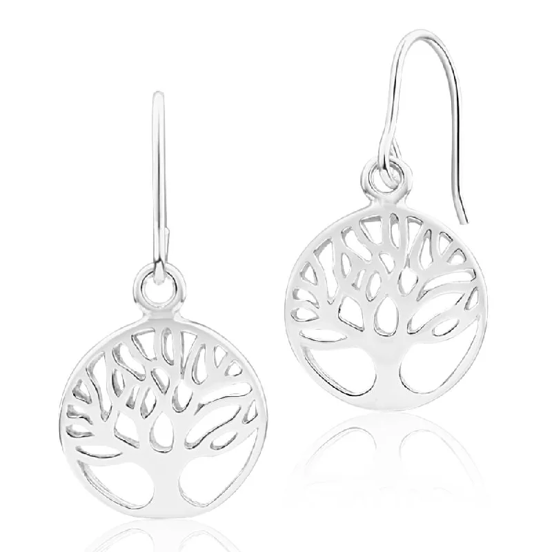 Sterling Silver Tree of Life Round Drop Earrings