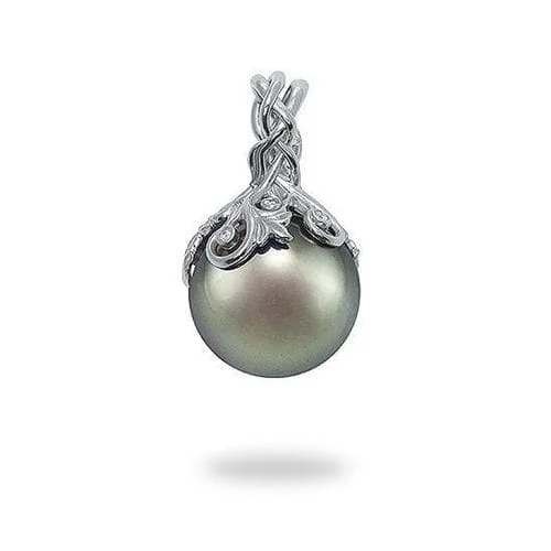 Tahitian Black Pearl Pendant in White Gold with Diamonds - 14-15mm