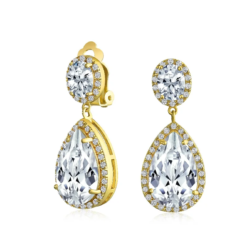 Large Teardrop Cubic Zirconia Clip-On Earrings GoldSilver Plated Statement Dangle