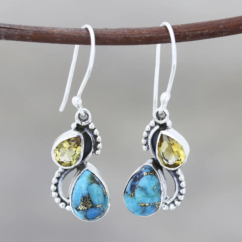 Two Teardrops Citrine and Composite Turquoise Teardrop Dangle Earrings