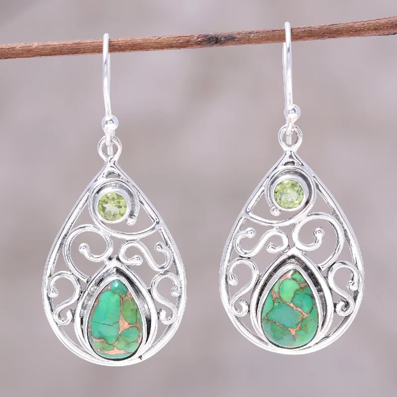 Verdant Sparkle Peridot and Teardrop Green Turquoise Earrings from India