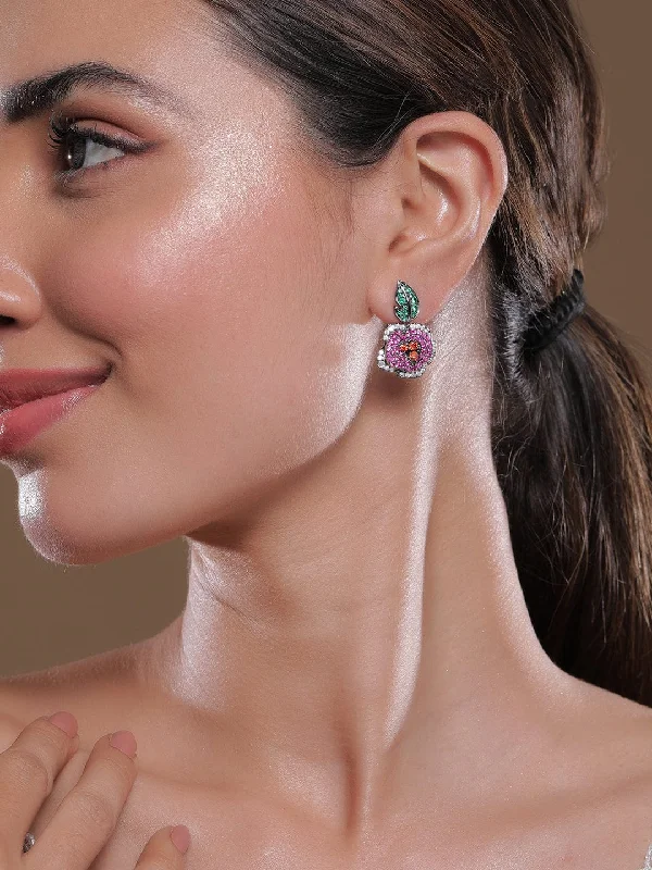 Voguish Rhodium-Plated Emerald, Ruby Pink & Orange AD & Cubic Zirconia Studded Floral Drop Earrings