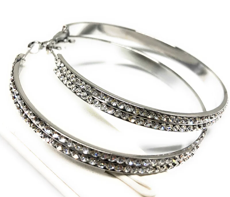 White Gold Plated Double Hoop Earrings CZ Stones Aretes Arracadas