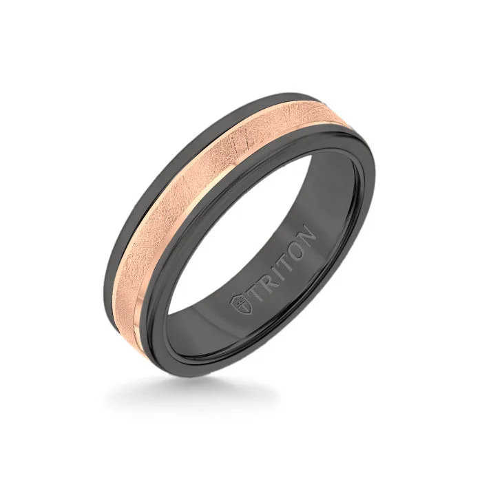 6MM Black Tungsten Carbide Ring - Crystalline 14K Rose Gold Insert with Round Edge