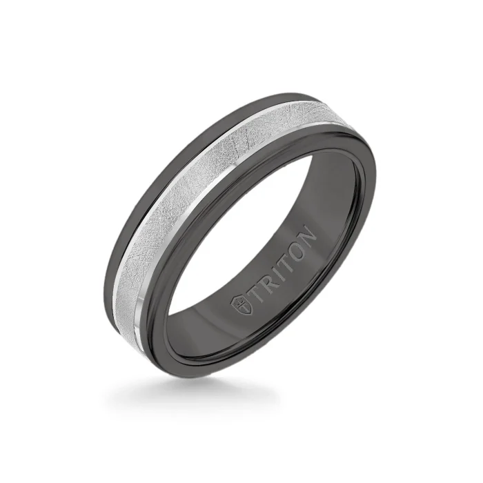 6MM Black Tungsten Carbide Ring - Crystalline 14K White Gold Insert with Round Edge