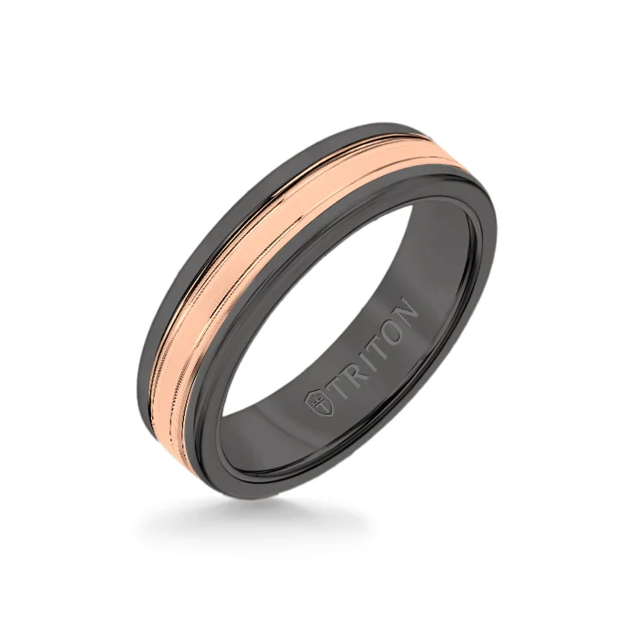 6MM Black Tungsten Carbide Ring - Double Engraved 14K Rose Gold Insert with Round Edge