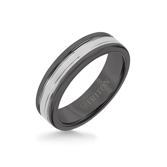 6MM Black Tungsten Carbide Ring - Double Engraved 14K White Gold Insert with Round Edge