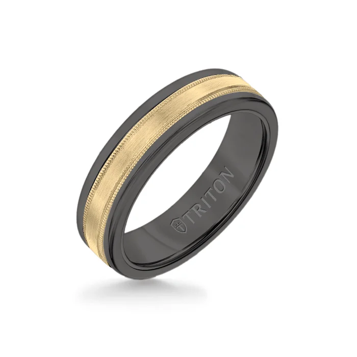 6MM Black Tungsten Carbide Ring - Flat Milgrain 14K Yellow Gold Insert with Round Edge