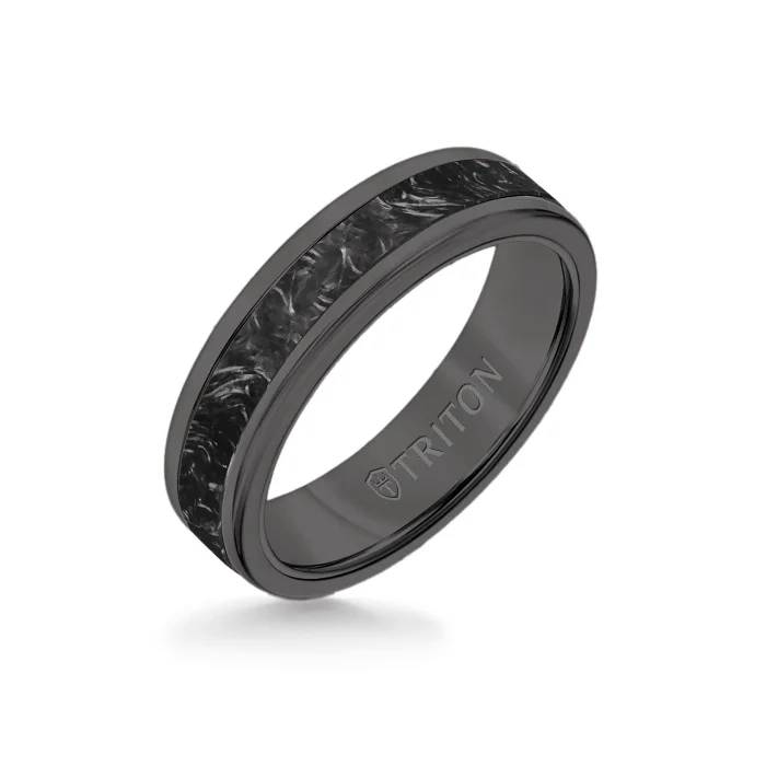 6MM Black Tungsten Carbide Ring - Forged Carbon Flat Insert with Round Edge