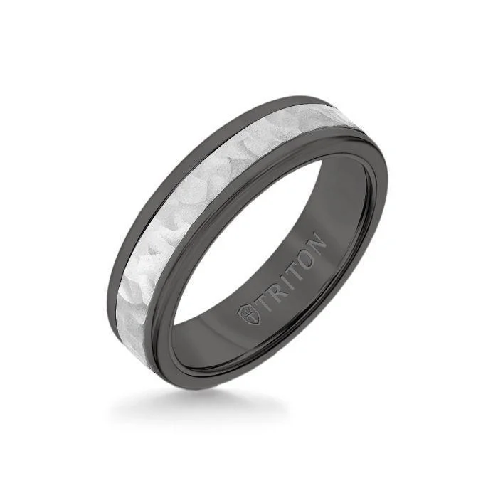 6MM Black Tungsten Carbide Ring - Hammered 14K White Gold Insert with Round Edge