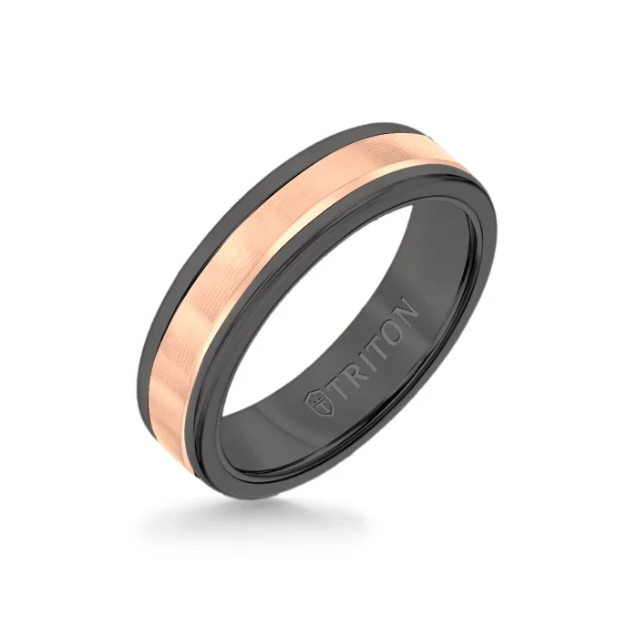 6MM Black Tungsten Carbide Ring - Linear 14K Rose Gold Insert with Round Edge