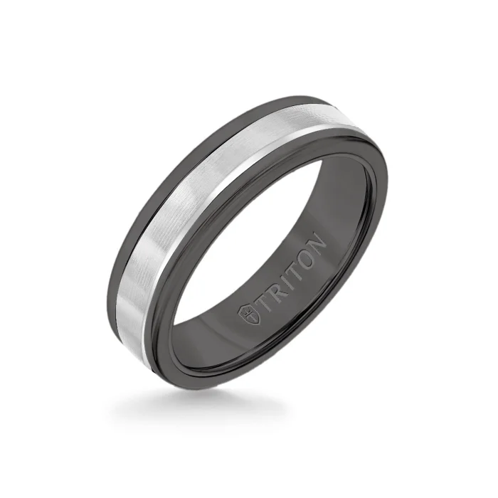 6MM Black Tungsten Carbide Ring - Linear 14K White Gold Insert with Round Edge