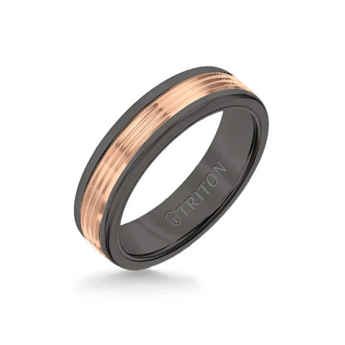 6MM Black Tungsten Carbide Ring - Serrated Engraved 14K Rose Gold Insert with Round Edge