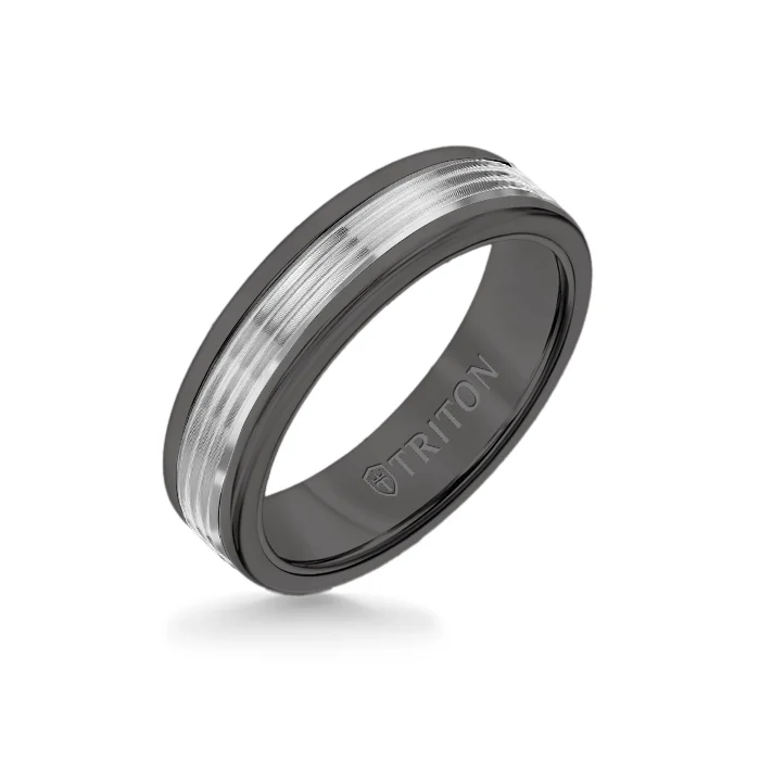 6MM Black Tungsten Carbide Ring - Serrated Engraved 14K White Gold Insert with Round Edge