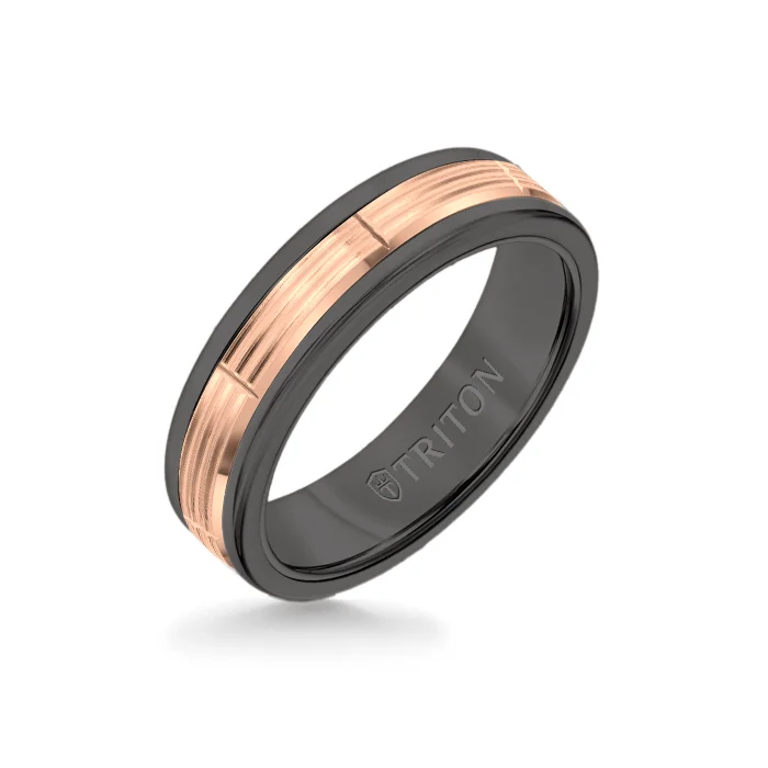 6MM Black Tungsten Carbide Ring - Serrated Vertical Cut 14K Rose Gold Insert with Round Edge