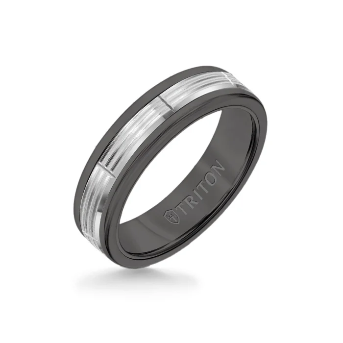 6MM Black Tungsten Carbide Ring - Serrated Vertical Cut 14K White Gold Insert with Round Edge