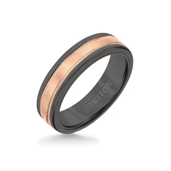 6MM Black Tungsten Carbide Ring - Step Edge 14K Rose Gold Insert with Round Edge