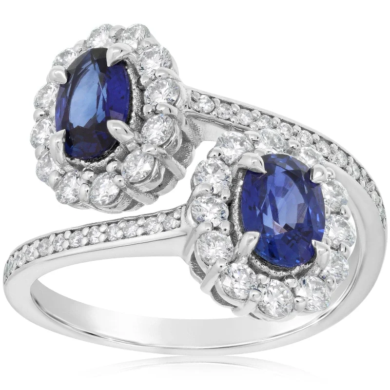 Blue Sapphire & Diamond Halo Crossover Ring