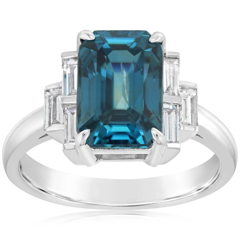 Emerald Cut Blue Zircon & Diamond Ring