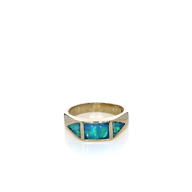 Estate 14k Yellow Gold Rectangle and Triangle Opal Inlay Ring