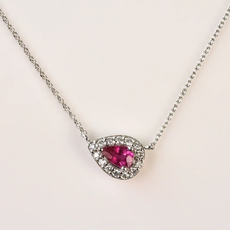 The Cora: East-West Pear-cut Ruby Halo Necklace in White Gold