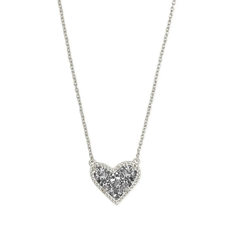 Kendra Scott Ari Heart Rhodium Short Pendant Necklace in Platinum Drusy