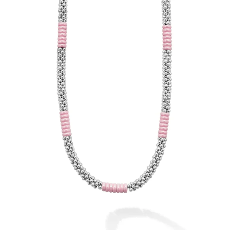 Lagos Pink Caviar Silver Station Ceramic Beaded Necklace, 5mm