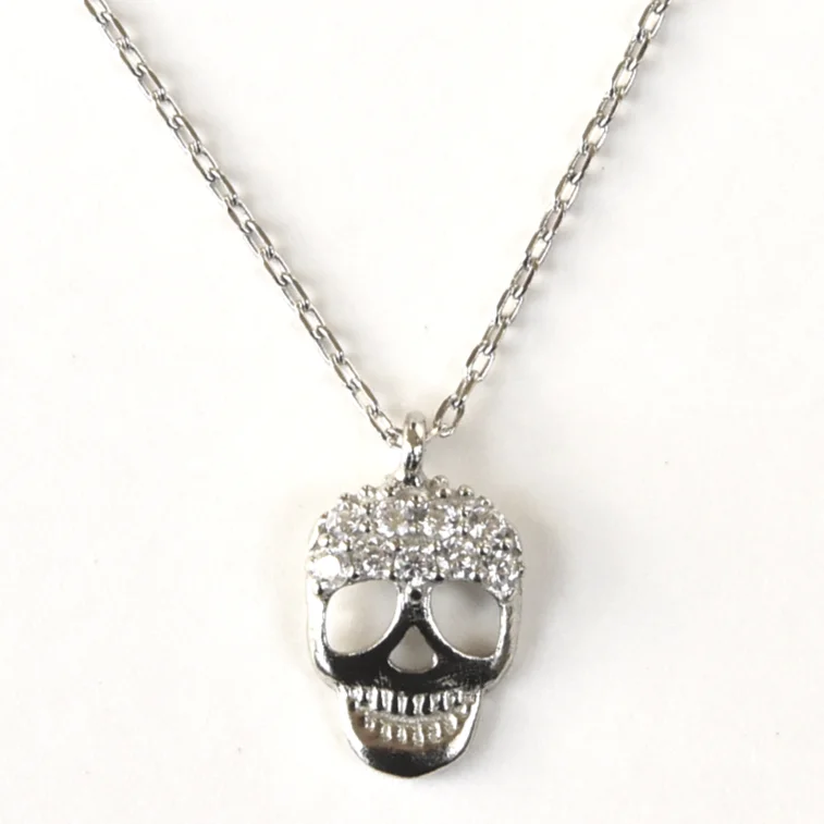 Silver Memento Mori Necklace with Crystals